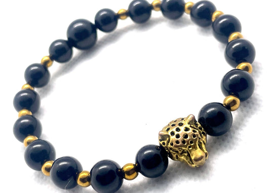 "Savage Opulence: Black Onyx & Hematite Jaguar Power Bracelet" - Organicmansion.com